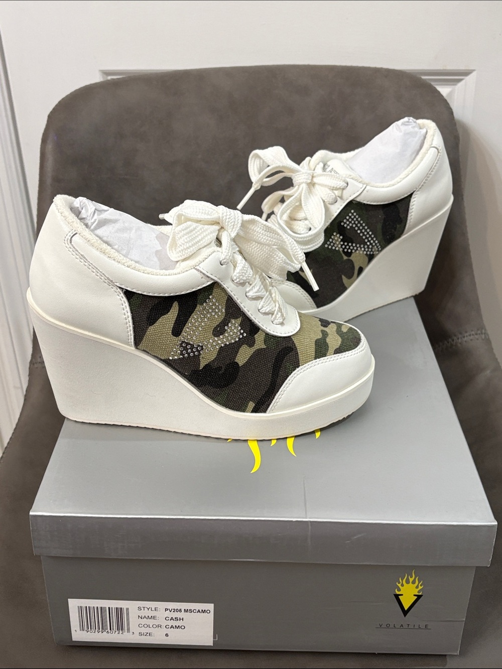 Volatile Camo Wedge Sneakers in White and Green Camo with Silver and Rhinestone